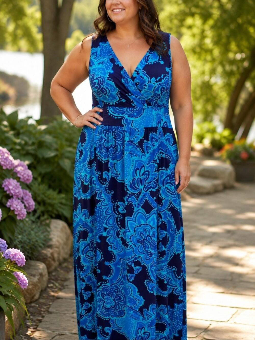 Lauren Ralph Lauren Navy and Aqua Paisley Maxi Dress Summer Dress Large/ 12